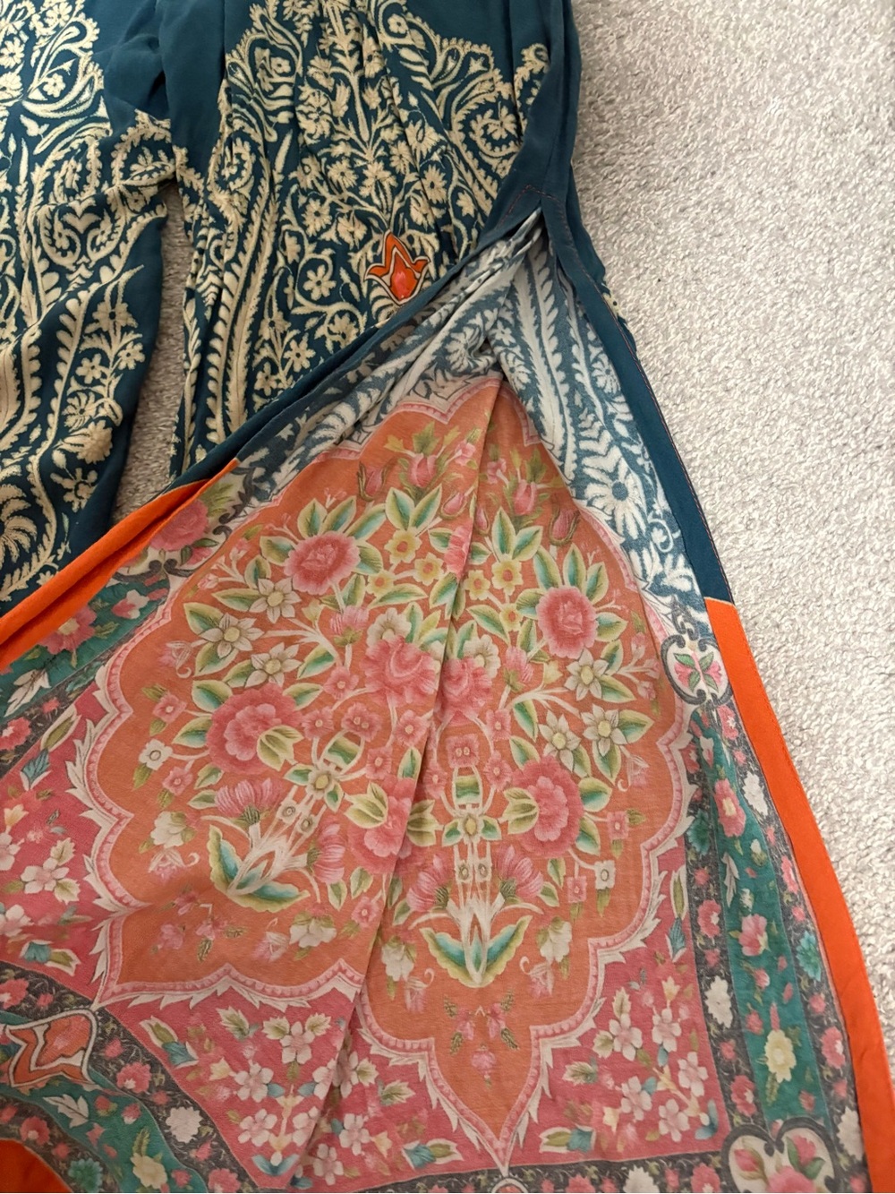 NATURAL LIFE Size Small Teal Wide-Leg Pants with Orange Floral Panels - Picture 4 of 5
